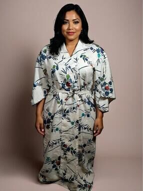 Women's Traditional Square Sleeve Kimono Cotton Linen blend Floral Rare Vintage